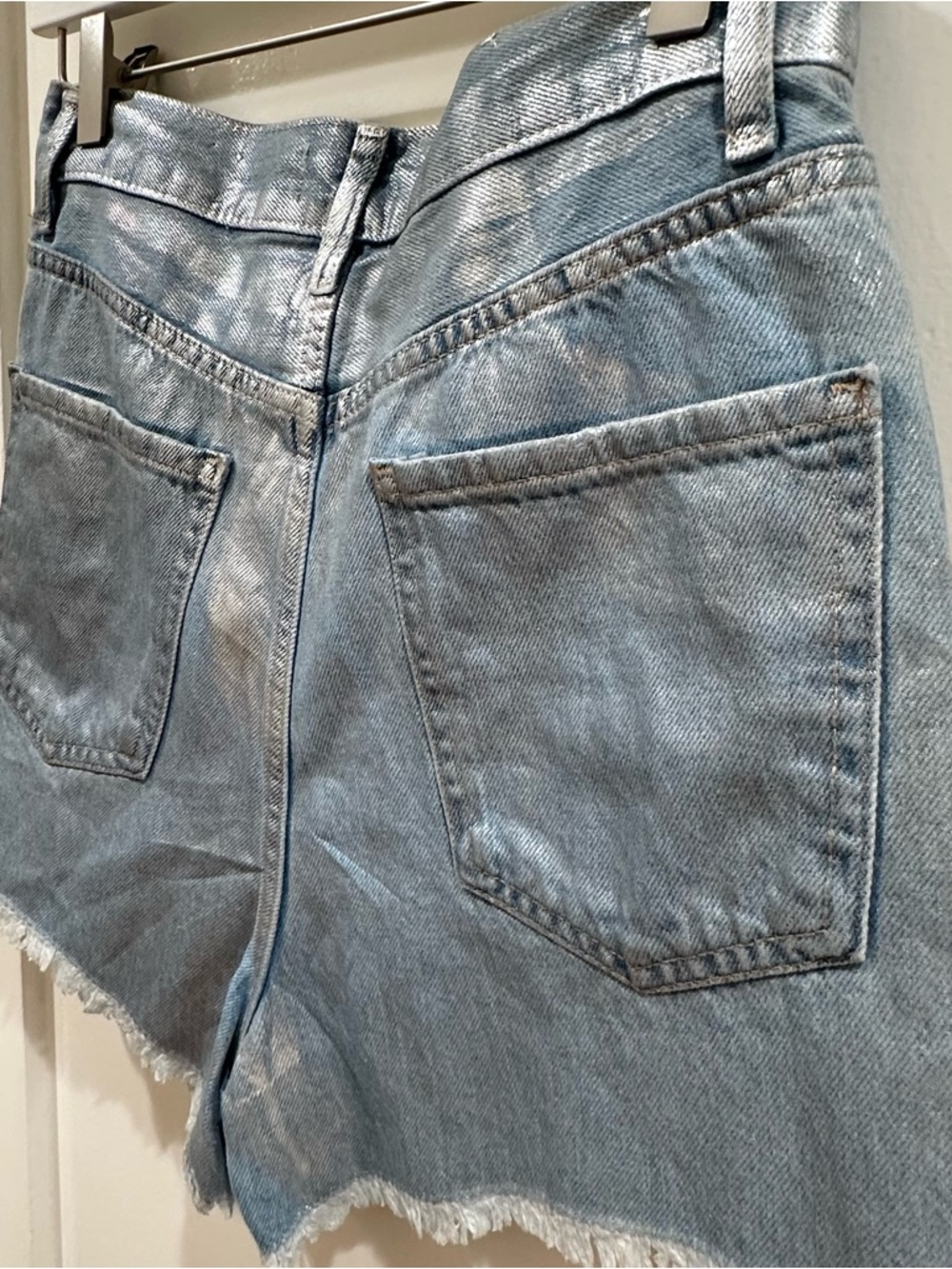Zara Silver-Blue Metallic High-Waist Denim Shorts - Picture 3 of 9